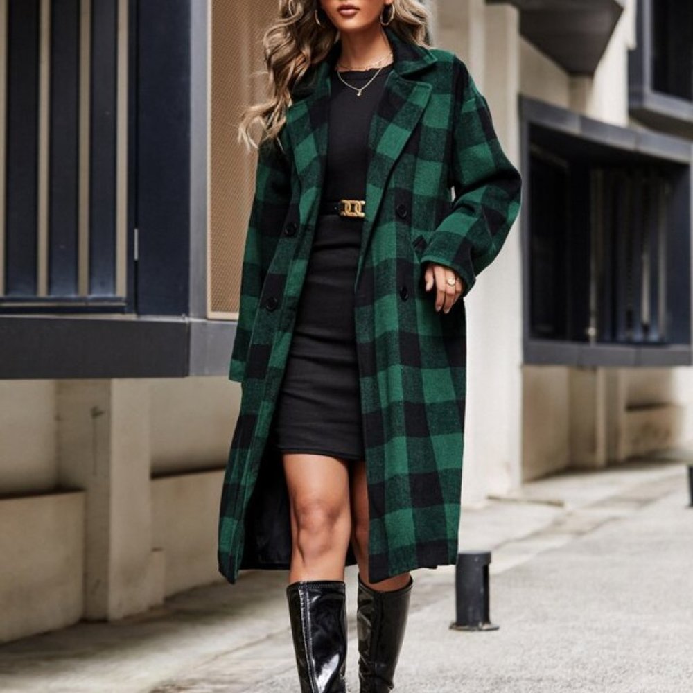 Buffalo Plaid Double Breasted Overcoat Without Bel - Picture 3 of 6